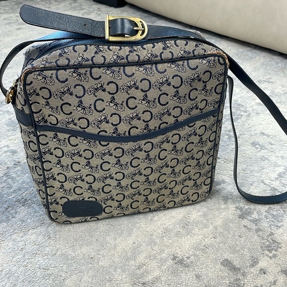 Vintage Celine Macadam C Horse Carriage Crossbody Shoulder Bag Gray Navy - Picture 1 of 17